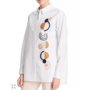 Lafayette 148 New York White S Cotton Poplin Shirt Geometric Button Down Top0
